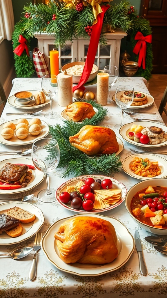 A festive Christmas dinner table with a centerpiece of pine branches, elegant dinnerware, and a variety of dishes.